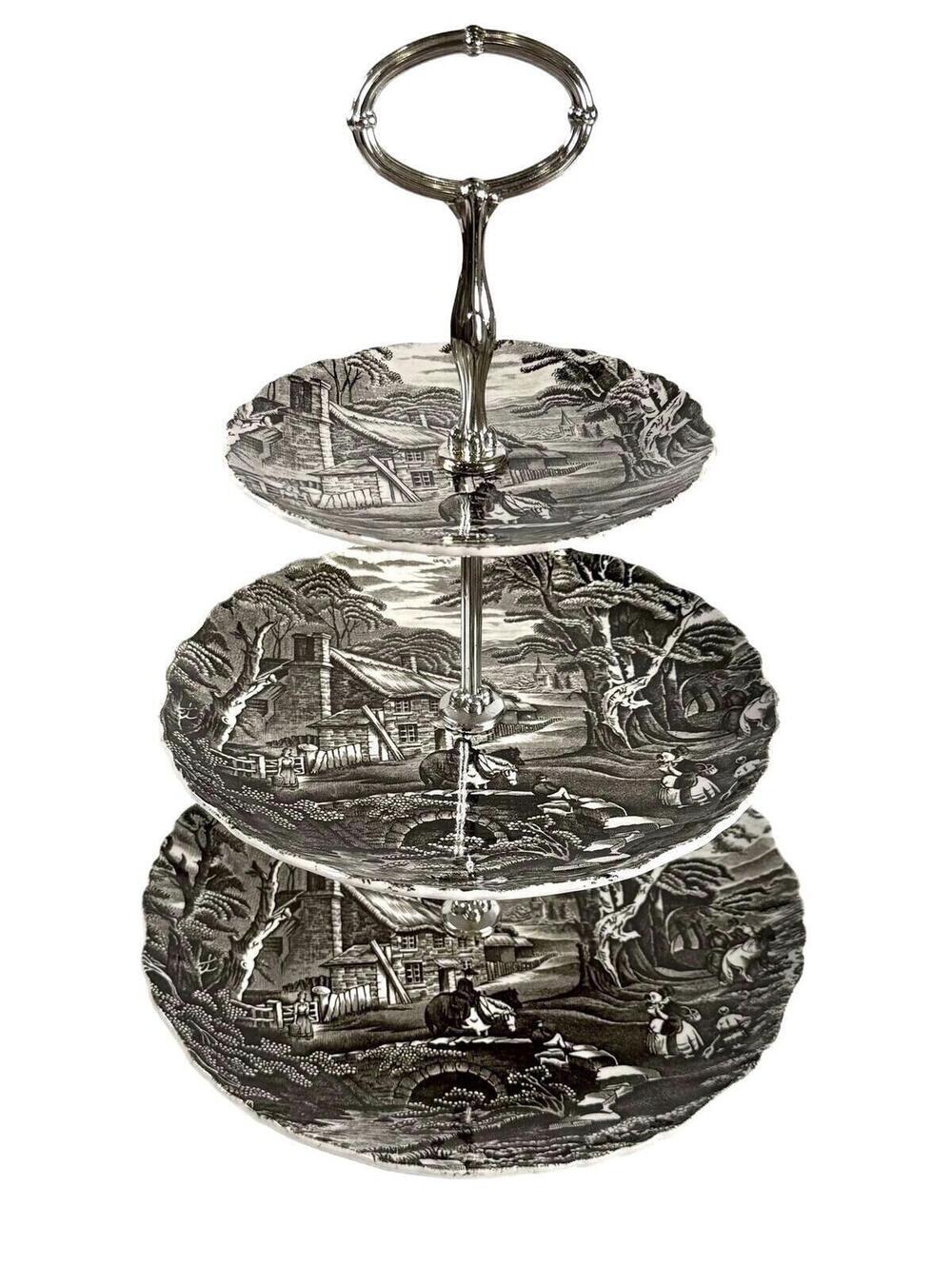 Rare Vintage Old Foley James Kent 3-Tier Cake Stand Hand Engraved Rural England